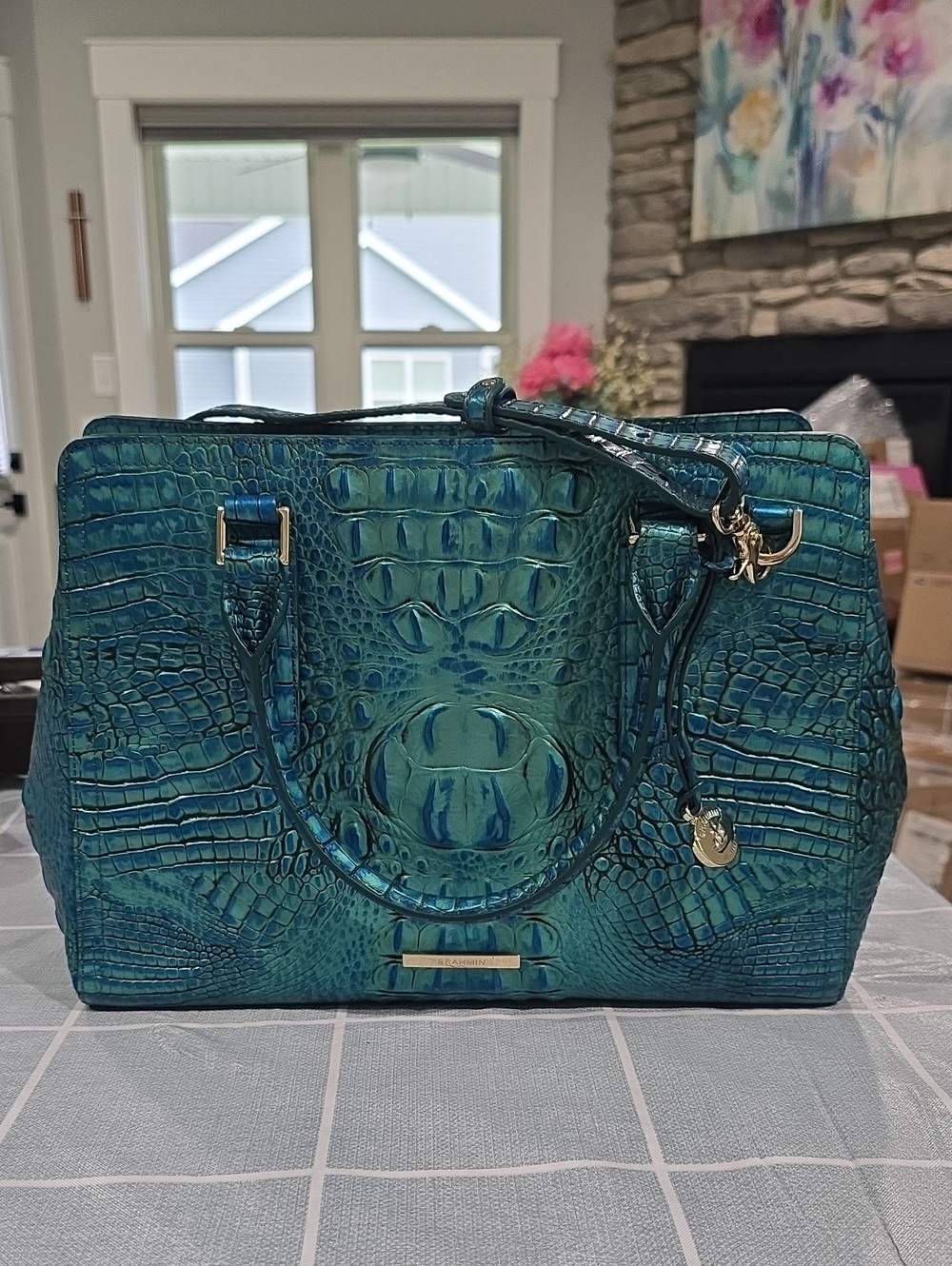 Brahmin Small Finley In Blue Patina Croc Embossed Leather